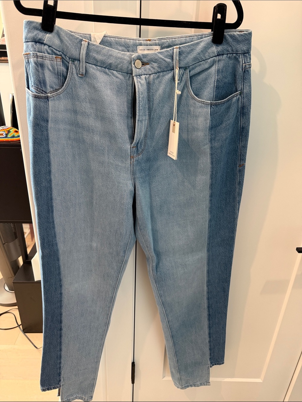 Good American Two-Tone Light and Dark Blue Straight-Leg Jeans